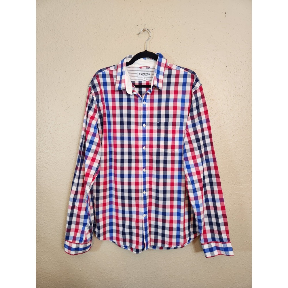 Express Mens XL Red Blue Gingham Soft Wash Long Sleeve Button Down Shirt